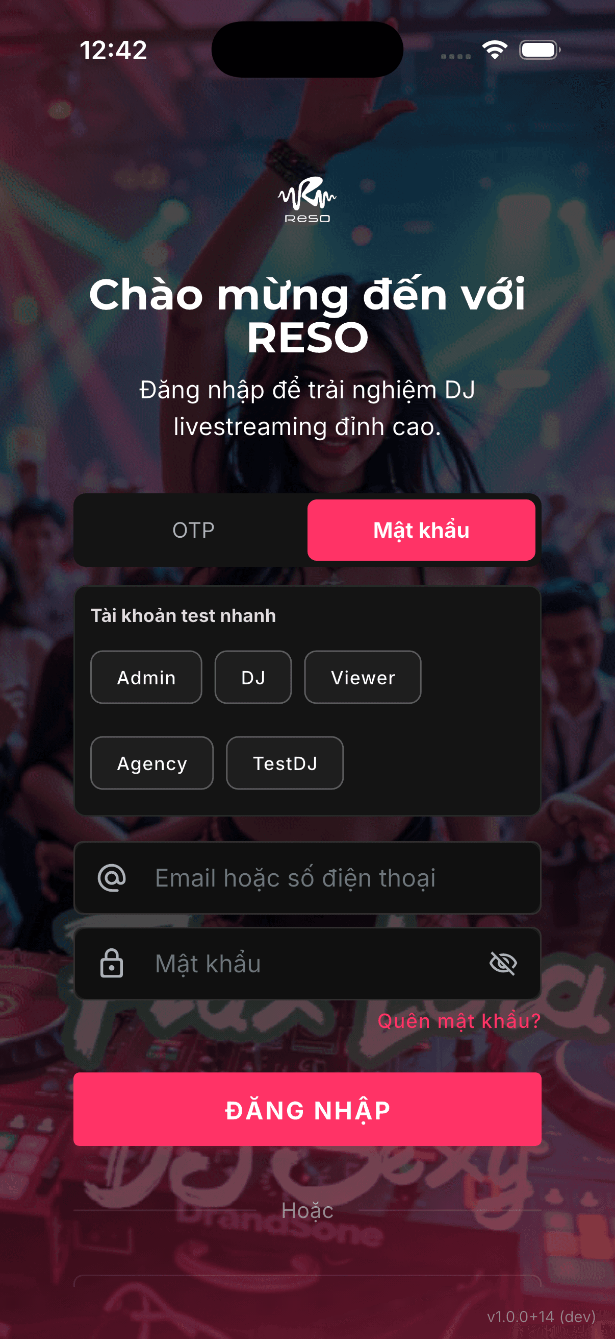 Màn hình đăng nhập tab Mật khẩu