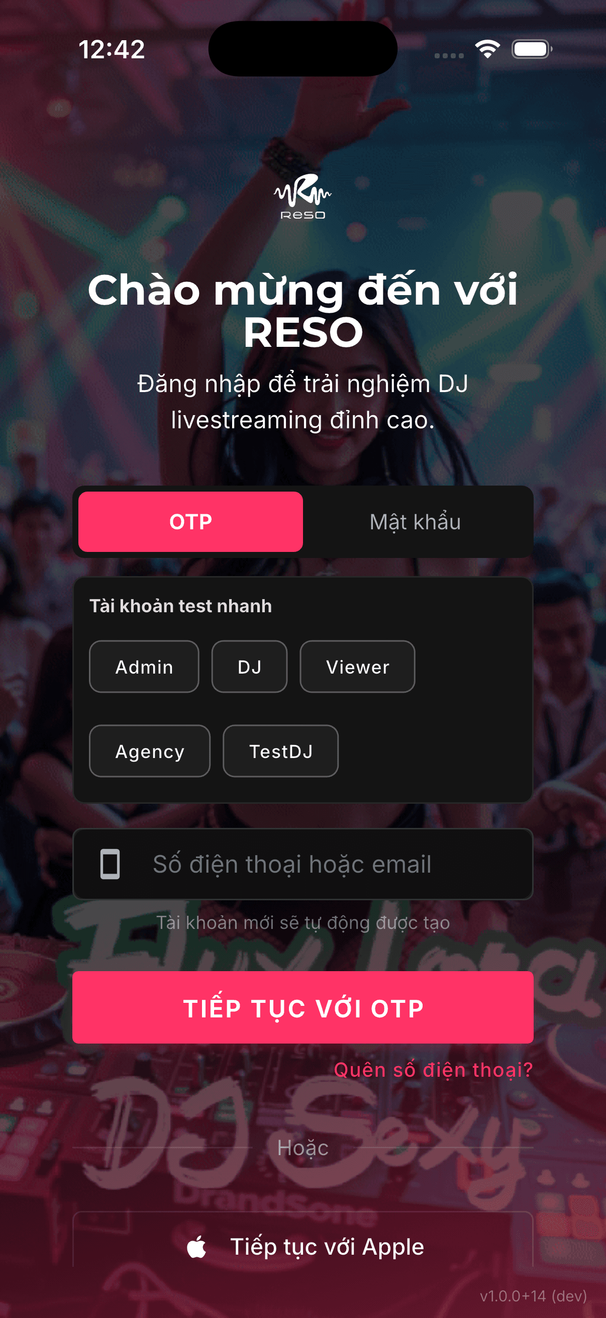Màn hình đăng nhập Reso