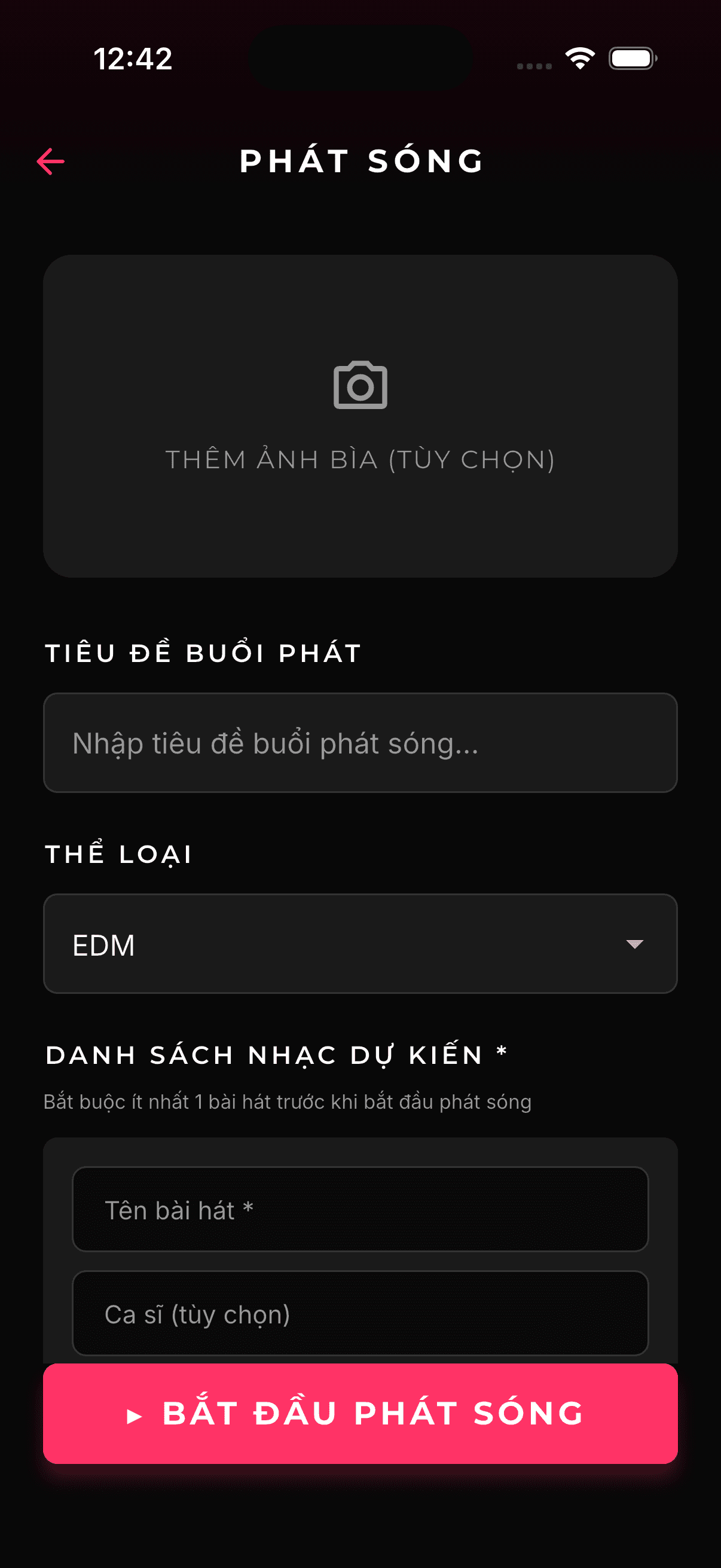Màn hình cấu hình phiên phát sóng